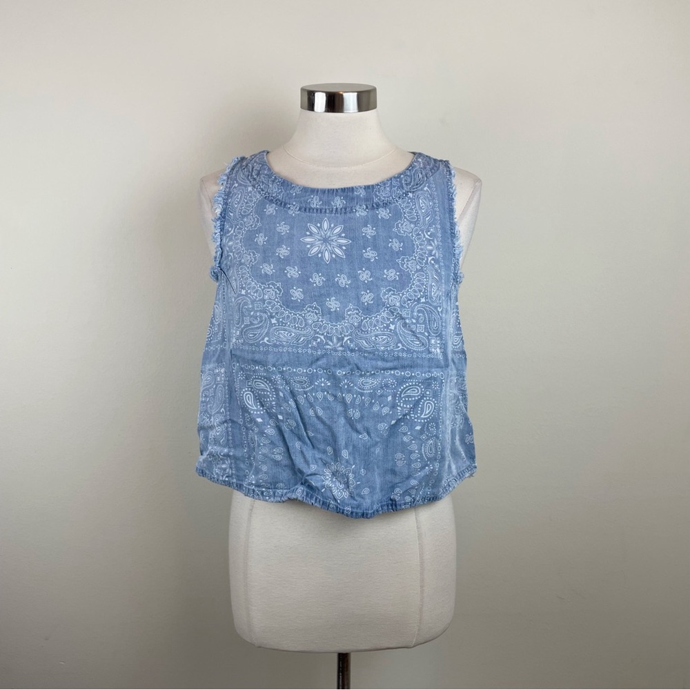 For The Republic Blue White Denim Boho Bohemian Floral Paisley Top Women Small